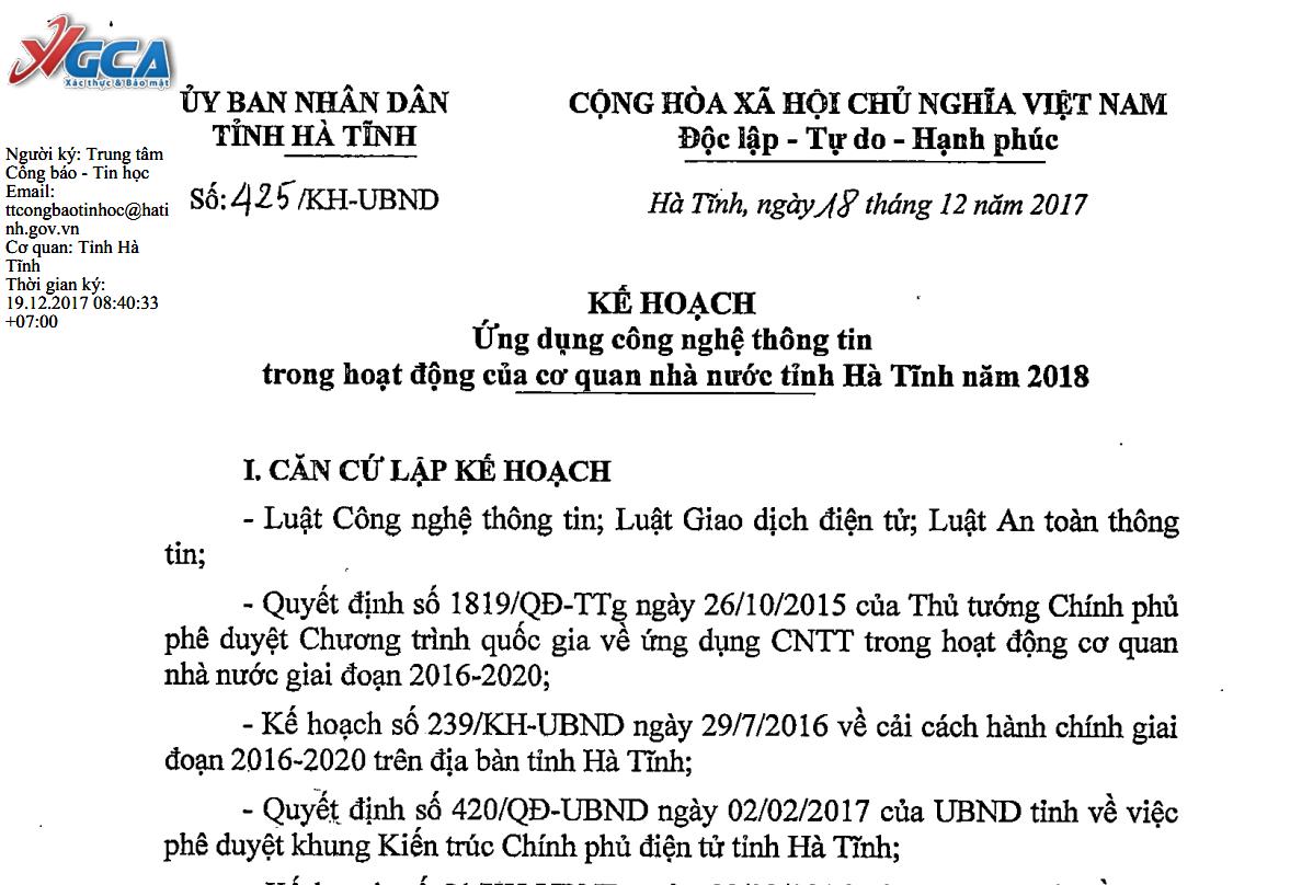 Kế hoạch số 425/KH-UBND ngày 18/12/2017 của UBND tỉnh về Ứng dụng công nghệ thông tin trong hoạt động của cơ quan nhà nước tỉnh Hà Tĩnh năm 2018